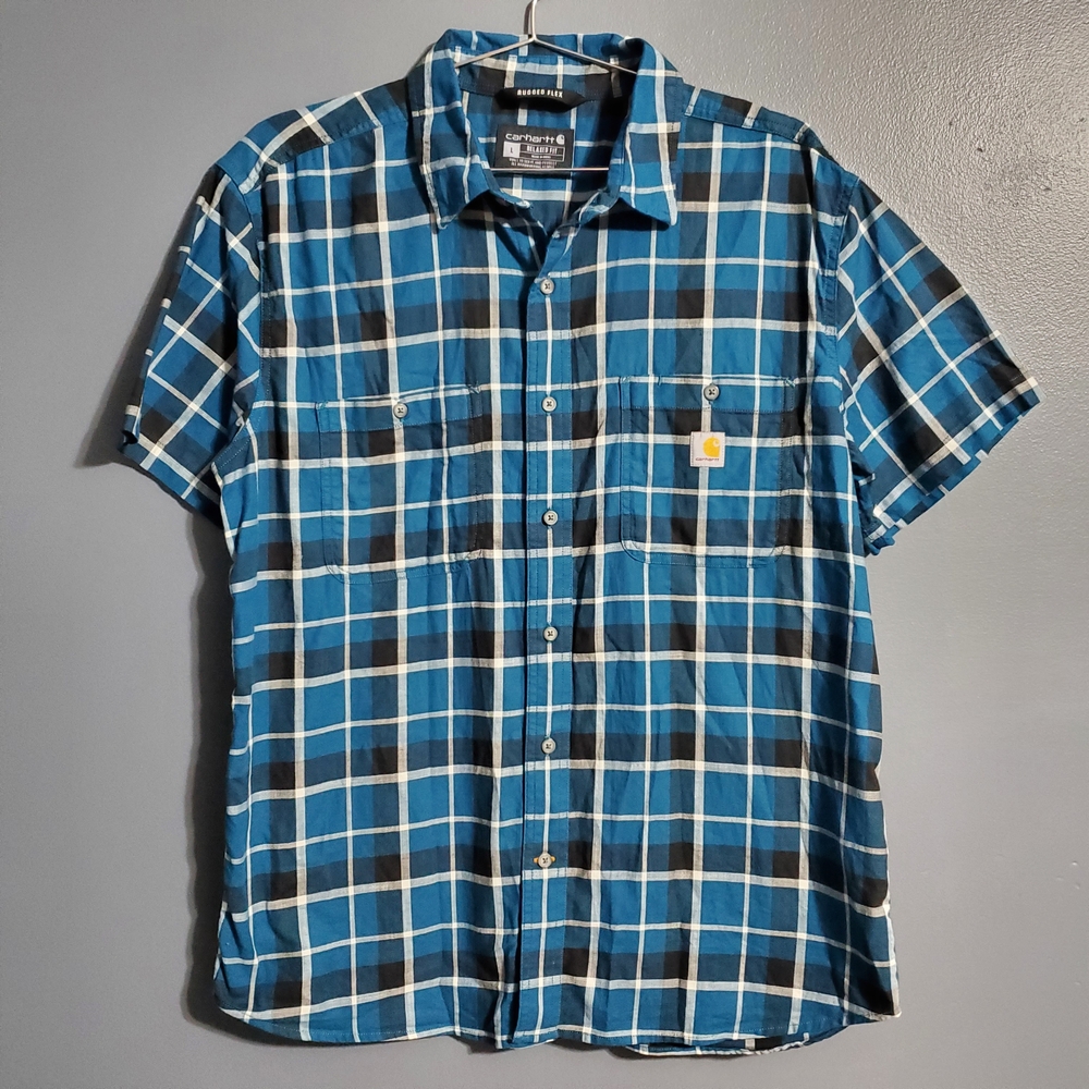 Carhartt Men's Blue and White Plaid Short Sleeve Rugged Flex Shirt Size L